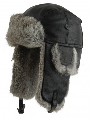 Karvahattu - MJM Trapper Hat Leather with Rabbit Fur (Musta/Harmaa)