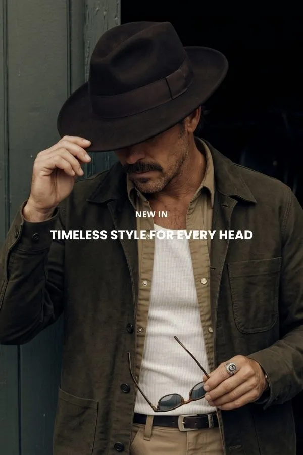 Man sitter på en trälåda i studio och bär en klassisk brun cowboyhatt i filt med bred brätte, mörk denimskjorta och jeans.